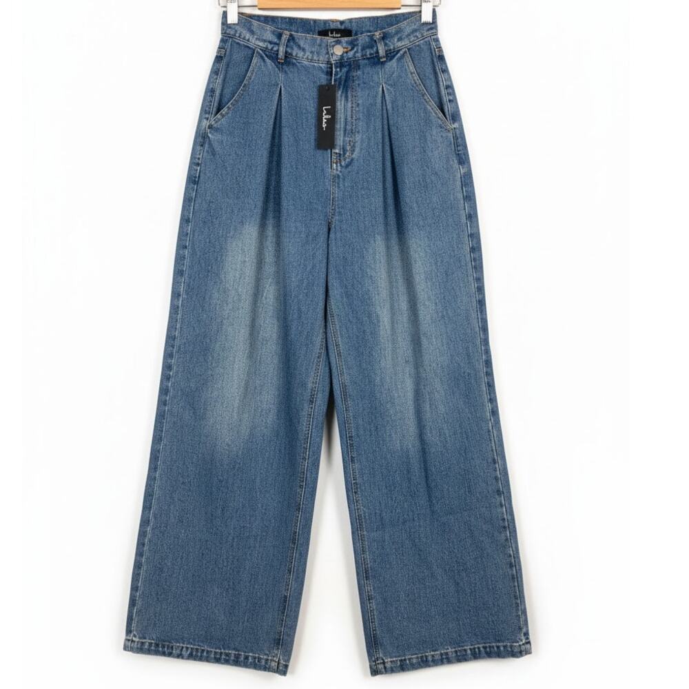 NWT Lulus Womens S Y2K Grunge Skater‎ 90s Pleated High Rise Wide Leg Blue Jeans